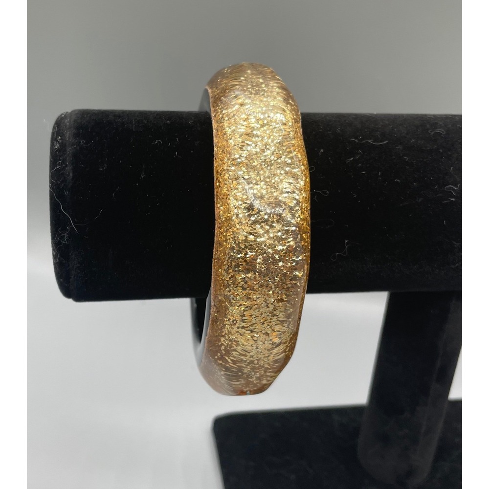Vintage Gold Glitter Acrylic Bangle Bracelet Faceted Black Resin Wide 1in
